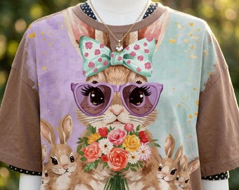 Cute Easter Bunny PDF Clipart, Watercolor Mama Bunny with Babies, Coquette Bow Sublimation Design, Spring Floral Bunny Shirt, Nursery Art