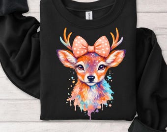 Cute Deer T-Shirt PNG | Baby Deer with Bow Watercolor | Kawaii Woodland Animal Girl Shirt Design | Sublimation PNG |Instant Digital Download
