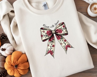 Bloom with Grace PNG| Vintage Floral Bow Design | Feminine Rose Ribbon Graphic | Elegant Aesthetic Sublimation PNG | T-Shirt PNG design