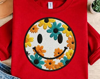 Floral Smiley Face Embroidery PNG Download, 3D Puff Machine Embroidery Design, Cute Flower Smiley T-Shirt Print, Instant Digital File