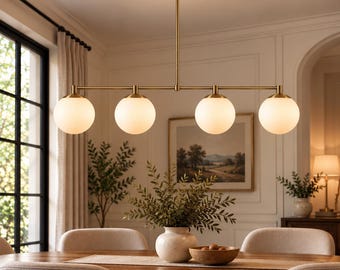 Brass Linear Chandelier, 4-Light Globe Pendant, Mid-Century Modern Dining Light
