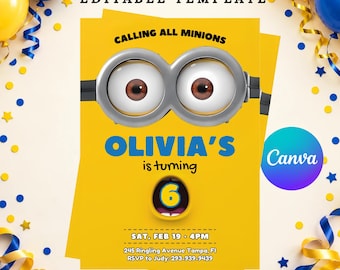 May include: A yellow birthday invitation template featuring a pair of silver goggles, the text CALLING ALL MINIONS, OLIVIA'S is turning 6, and event details including date, time, location, and RSVP contact information in black and blue.