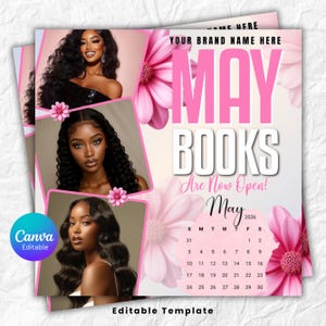May include: A pink and white May calendar template with the text "MAY BOOKS Are Now Open!" and a 2026 calendar. The design includes images of women and pink floral accents. The Canva editable template is ready for customization.