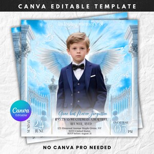 May include: A Canva editable template for a memorial service. The design features a young person in a blue suit with angel wings, set against a sky background. Text includes "Gone but Never Forgotten" and event details.