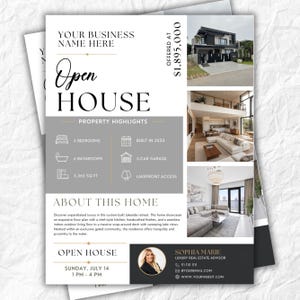 May include: A real estate flyer for an open house featuring a modern home exterior, a spacious living room with high ceilings, and a lounge area. The text includes property highlights, a 5,365 sq ft layout, and contact details for Sophia Marie.