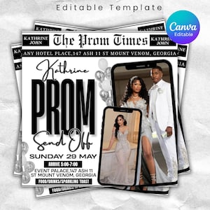 以下が含まれることがあります： 黒と白のプロム発表チラシの束。「The Prom Times」、「Kathrine」、「PROM」、「Send Off」とイベントの詳細が記載されています。2台のスマートフォンにはプロムの写真が表示されています。Canvaのロゴが右上にあります。