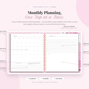 Könnte beinhalten: Ein digitaler Planer für 2027 in Rosa mit einer monatlichen Kalenderübersicht und einer Aufgabenliste. Das Layout enthält verlinkte Reiter, eine Symbolleiste für Budget und Wellness sowie Beschriftungen, die Funktionen wie Wochenansichten erklären.
