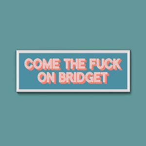 May include: A rectangular sign with the text "COME THE FUCK ON BRIDGET" in a retro font. The text is in coral with white dot accents, set against a teal background, and framed in white.