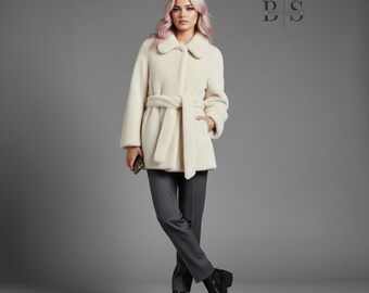 Women Winter Faux Fur Streetwear Elegant Sashes Turndown Collar Chic Ladies Coat