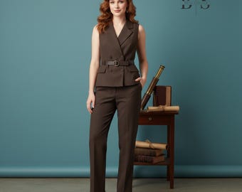 Frauen V-Ausschnitt Top und Hose mit weitem Bein Zweiteiler Eleganter Anzug