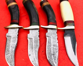 Handmade Damascus Steel Skinner Knife Set with Ram Horn Handle, Leather Sheaths