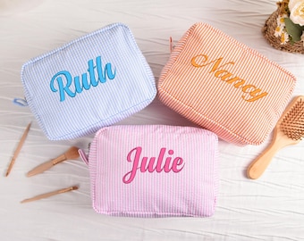 Embroidered Seersucker Cosmetic Bag,Custom Name Makeup Bag, Monogrammed Toiletry Pouch,Personalized Bridesmaid Gift,Wedding Gift.