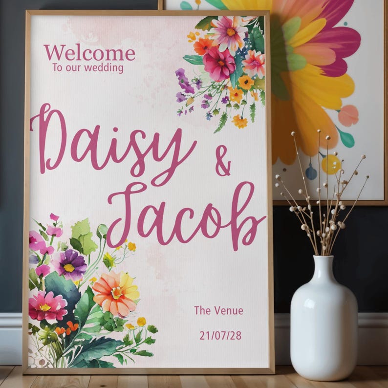 Watercolour Floral Wedding Welcome Sign Template | Editable Canva ...