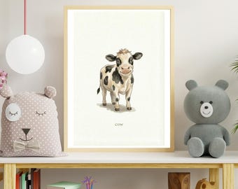 Cow Nursery Print – Neutral Animal Wall Art for Kids – Digital Download – Soft Nursery Decor
