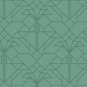 May include: A seamless pattern featuring a geometric design in shades of teal. The pattern consists of interconnected lines and shapes, creating a stylized, art deco-inspired floral motif. The design is symmetrical and repeats across the surface.