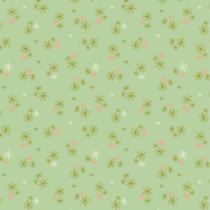 May include: A repeating pattern of stylized flowers and small pink shapes on a light green background. The flowers are outlined in gold and white, creating a delicate, whimsical design. This pattern is suitable for fabric or wallpaper.