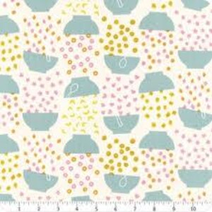 May include: Off-white fabric with a repeating pattern of light blue bowls and scattered dots in yellow and pink. A ruler is visible along the bottom edge, showing measurements in inches.