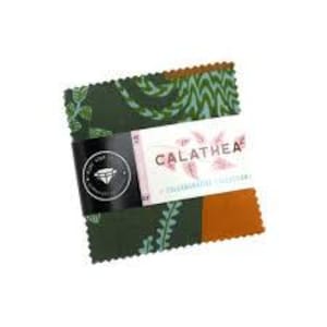 May include: A stack of fabric squares in shades of green and orange, held together by a black and white label. The label reads "CALATHEA" with the words "THE ILLUSTRATED COLLECTION" below. The fabric features leaf and floral patterns.