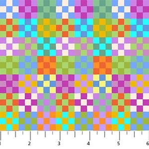 May include: A vibrant fabric with a repeating checkerboard pattern in a spectrum of colors including pink, green, orange, blue, and yellow. The pattern is set against a white background. The ruler at the bottom shows measurements in inches.