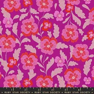 May include: A vibrant fabric featuring a floral pattern with large, stylized flowers in shades of pink and red against a deep magenta background. The design includes delicate leaves and stems, creating a lively and colorful textile.