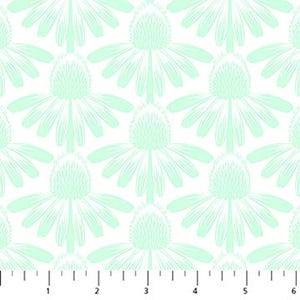 May include: A repeating pattern of stylized, light green coneflowers on a white background. The flowers are symmetrical, with detailed petals and central cones. The design is clean and modern, suitable for fabric or wallpaper.