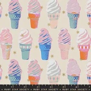 May include: Fabric with a repeating pattern of colorful ice cream cones in shades of pink, blue, orange, and white, set against a cream background. The cones have a variety of designs and are interspersed with small gold star shapes.