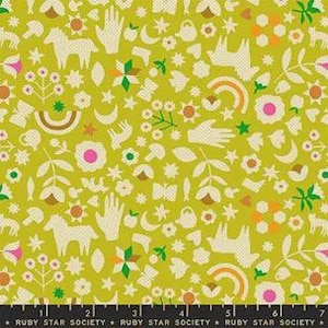 May include: A fabric with a repeating pattern of white and orange whimsical shapes, including hands, horses, rainbows, and flowers, on a chartreuse background. The fabric has a ruler along the bottom edge and the text "RUBY STAR SOCIETY".