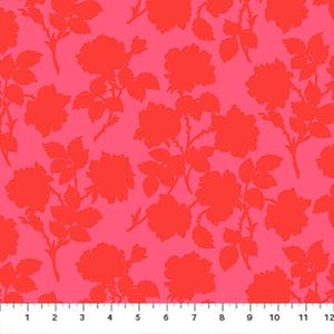 May include: A vibrant fabric featuring a repeating pattern of red rose silhouettes against a bright pink background. The design includes stems, leaves, and full blooms. The ruler at the bottom shows measurements in inches.