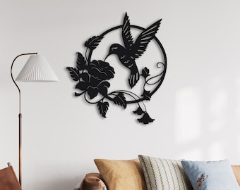 Circular Hummingbird Metal Wall Art with Floral Design for Modern Home Interior Decor