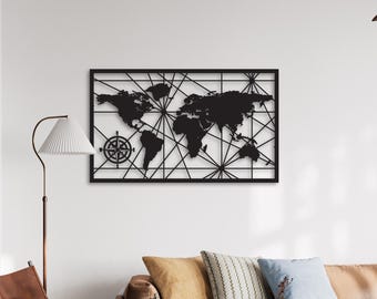 Metal World Map Wall Art, Modern Black Map Metal Wall Decor for Living Room
