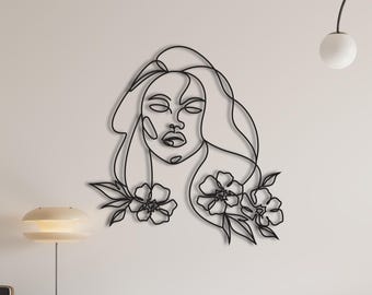 Abstract Woman Line Art Metal Wall Sculpture with Floral Motif, Modern Feminine Face Art for Living Room, Bedroom and Contemporary Interiors