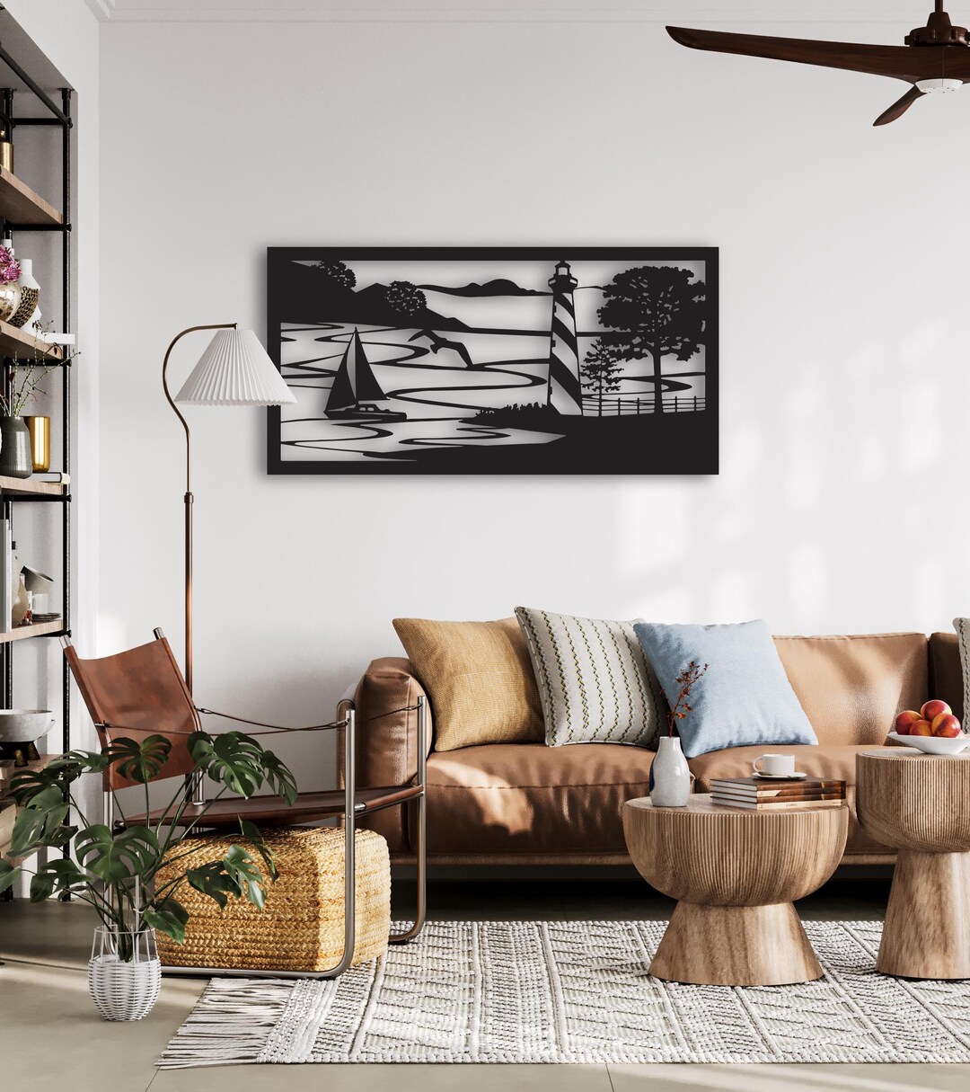Lighthouse Metal Wall Art With Sailboat Coastal Landscape for Living ...