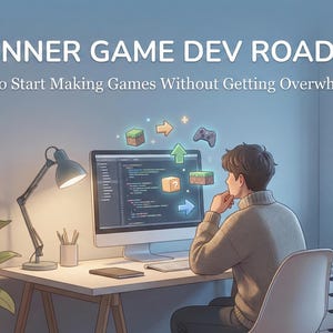 May include: Illustration of a person at a desk with a computer, desk lamp, and a plant. The computer screen displays code and game-related icons. Text at the top reads "BEGINNER GAME DEV ROADMAP". The image promotes game development.
