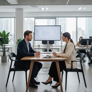 Pode incluir: Reunião de negócios em um escritório moderno. Duas pessoas sentadas em uma mesa de madeira, com uma tela grande exibindo um diagrama. O homem veste um terno azul marinho, a mulher um blazer creme. Cadeiras pretas e janelas grandes ao fundo.