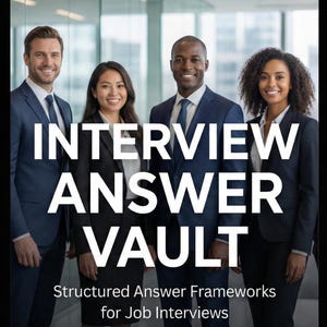 Könnte beinhalten: Ein Tablet-Bildschirm mit dem weißen Text "INTERVIEW ANSWER VAULT" und dem Untertitel "Structured Answer Frameworks for Job Interviews". Im Hintergrund lächeln vier Personen in Business-Anzügen.