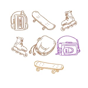 Retro 90s Outline Machine Embroidery Design, Skateboard Roller Cassette Walkman Player Font Embroidery, Download Bundle