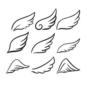 Può includere: Una collezione di nove illustrazioni di ali in bianco e nero disegnate a mano. Le ali variano per dimensioni e stile, alcune con contorni di piume dettagliati e altre con disegni più astratti. Sfondo bianco.
