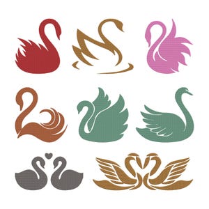 May include: Nine stylized swan illustrations in various colours, including red, brown, pink, green, and grey. The designs vary from simple outlines to more detailed depictions, some with heart accents, suitable for crafts or design projects.