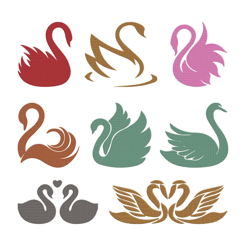 May include: Nine stylized swan illustrations in various colours, including red, brown, pink, green, and grey. The designs vary from simple outlines to more detailed depictions, some with heart accents, suitable for crafts or design projects.