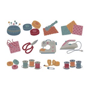 Może przedstawiać: Ilustracja narzędzi i materiałów do szycia, w tym maszyny do szycia, żelazka, nożyczek, próbek tkanin, guzików, szpulek nici, poduszki na szpilki, noża obrotowego i miarki.