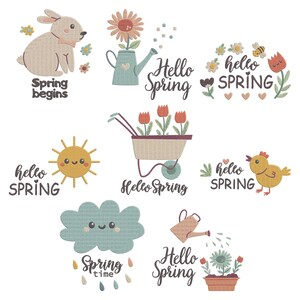 May include: A collection of spring-themed illustrations featuring a bunny, sun, cloud, and various floral elements. Text includes "Spring begins," "Hello Spring," and "Spring time." The designs are in pastel colors, evoking a cheerful, seasonal vibe.