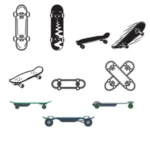 May include: A collection of eleven skateboard illustrations in various orientations. The set includes black and white line art, solid black silhouettes, and three colored longboard designs with green and blue accents and visible wheel sets.