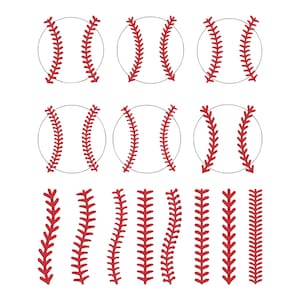May include: A collection of baseball-themed graphics. The image features several baseballs with red stitching and outlines, along with individual red stitching patterns. The designs are set against a white background.