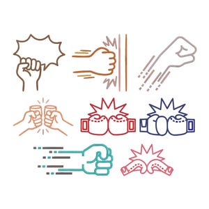 May include: A collection of line art illustrations depicting various hand gestures and boxing-related imagery. The images include fists, boxing gloves, and hands clinking glasses, all in a minimalist style with a white background.