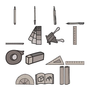 Puede incluir: Ilustración de varias herramientas de arte y diseño. Incluye un lápiz, un bolígrafo, un cúter, una regla, cinta adhesiva, una goma de borrar, un triángulo, un transportador y un libro con un diseño 3D. La paleta de colores es principalmente gris y blanco.