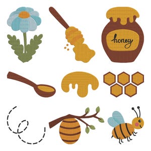 May include: A collection of bee-themed illustrations. Includes a blue and orange flower, a honey dipper, a jar of honey with the word "honey", a spoon, a honey drip, honeycomb shapes, a beehive on a branch, and a cartoon bee.
