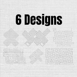 Könnte beinhalten: Eine digitale Grafik mit dem Text 6 Designs in fetten schwarzen Buchstaben über sechs verschiedenen Linienmustern. Die Muster bestehen aus verschiedenen geometrischen Formen, darunter miteinander verbundene Quadrate, Spiralen und labyrinthartige Pfade.