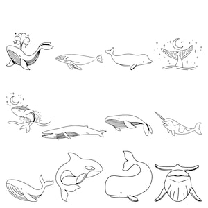 May include: A collection of twelve black and white line art illustrations featuring various species of whales and dolphins. The drawings depict these marine mammals in different poses, including breaching, swimming, and surfacing, with some designs incorporating stars and a crescent moon.