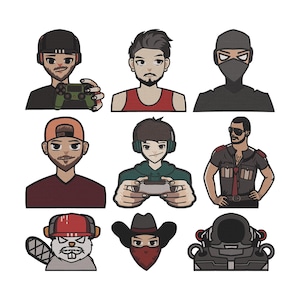 May include: Nine cartoon illustrations of various characters. The characters include a gamer holding a controller, a person wearing a red tank top, a person wearing a black mask, a person wearing a baseball cap, a person wearing headphones and holding a controller, a person wearing sunglasses and a military-style shirt, a beaver with a construction hat, a person wearing a cowboy hat and bandana, and a person wearing a diving helmet.