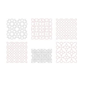 May include: A collection of six distinct square stencils featuring intricate geometric patterns. The designs include star-like shapes, interlocking circles, diamond grids, and complex linear lattices, all rendered in thin, dark outlines on a white background.